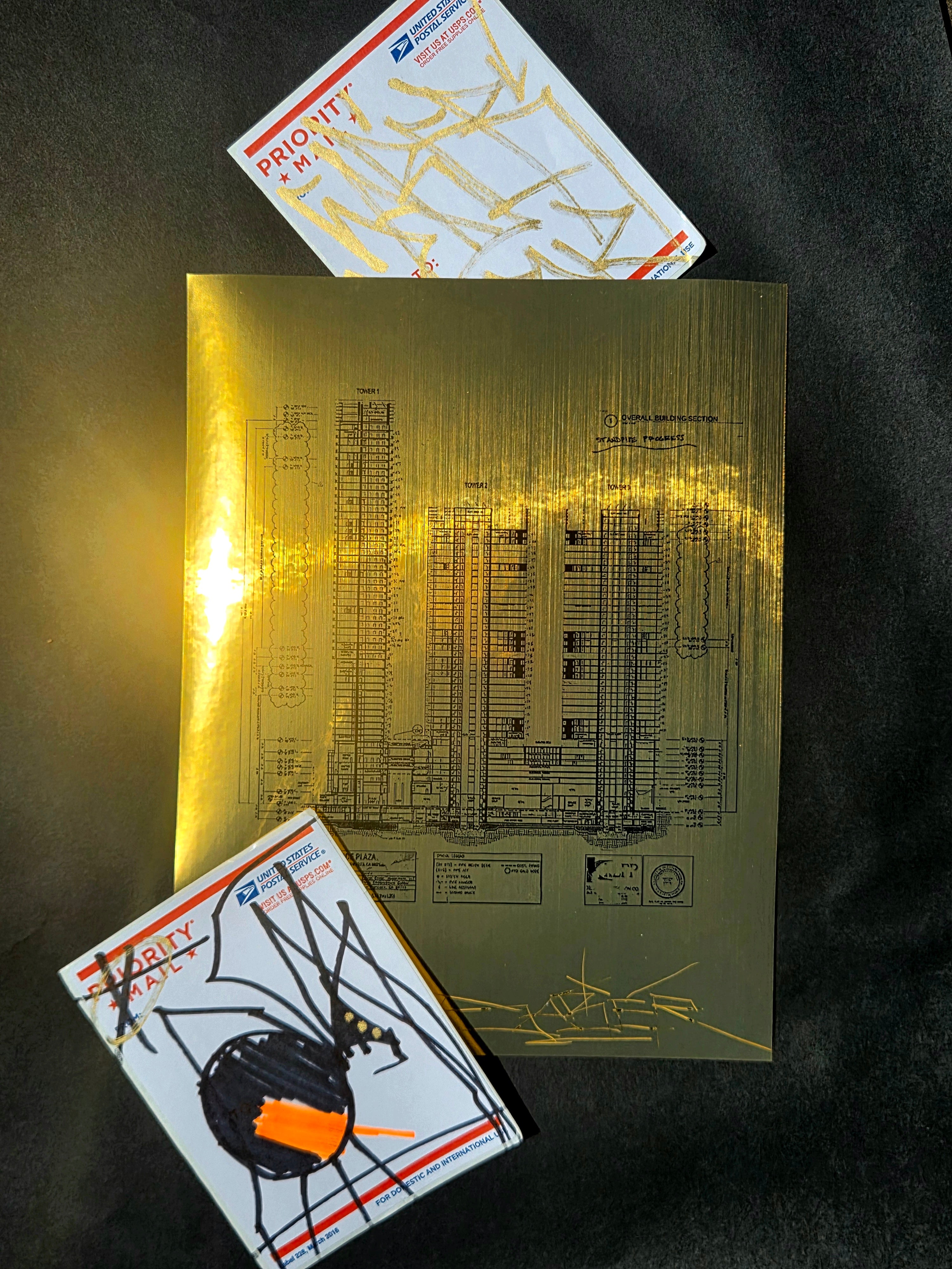 GRAFFITI TOWERS MINI BLUEPRINT PRINT ON GOLD